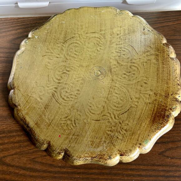 Vintage Italian Florentine Green & Gold Round Tray 15.5” Made in Italy - Picture 10 of 11